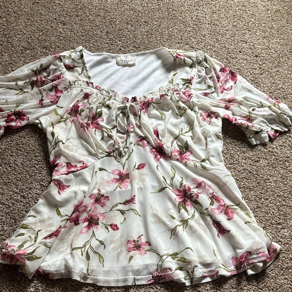 White Floral Blouse with Pink Blossom Print